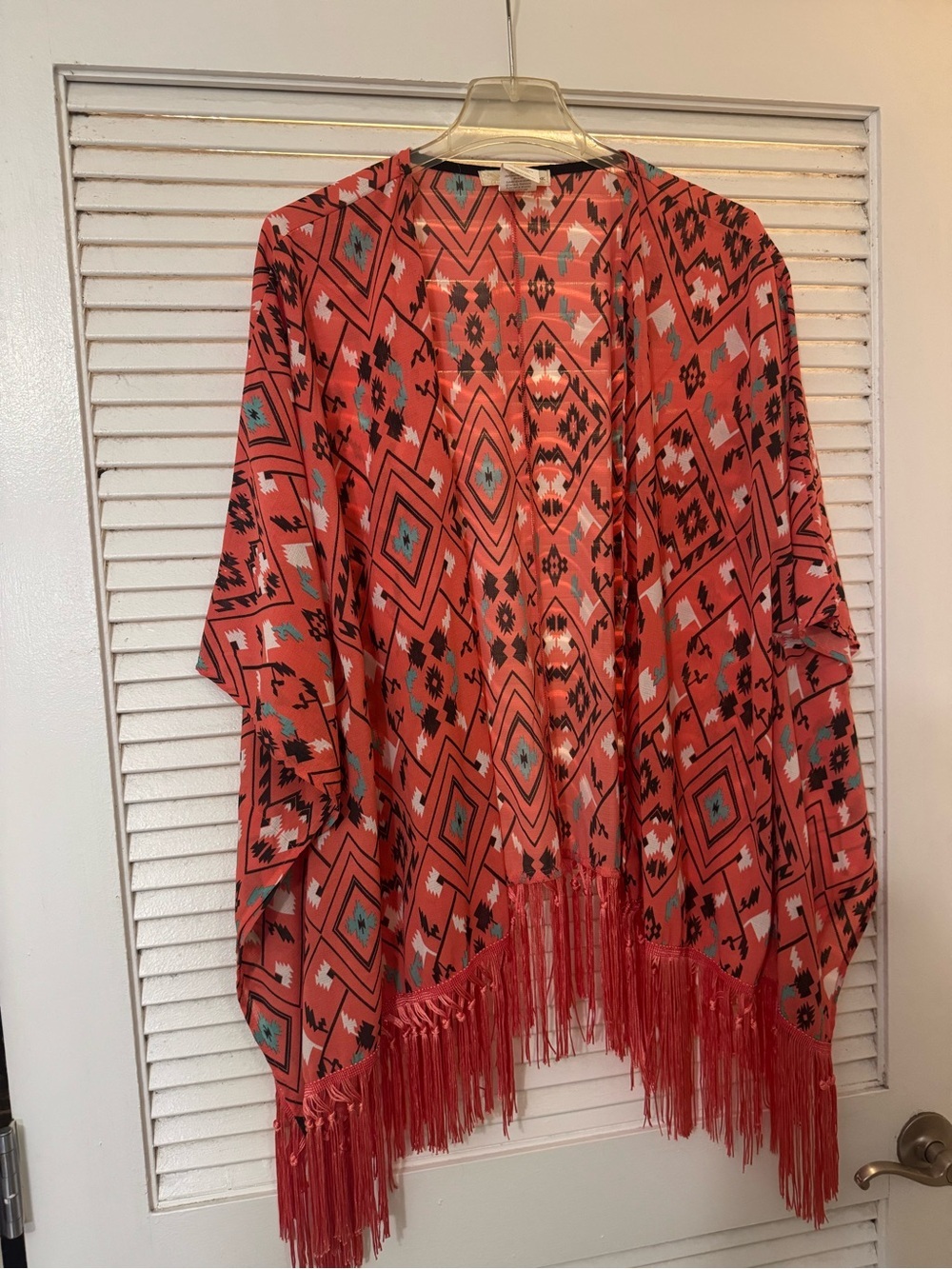 Rewind Coral Aztec Fringe Kimono